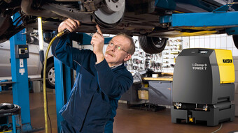 Stūmoklinis kompresorius „i.Comp 9“ su integruotu šaldymo principu veikiančiu sausintuvu yra idealus suspaustojo oro tiekimo įrenginys automobilių remonto dirbtuvėms.